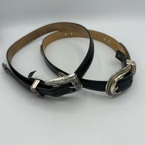 Brighton Womens Lot Of 2  Belts Black Blue Leather Croc Silver Buckle S / 28”